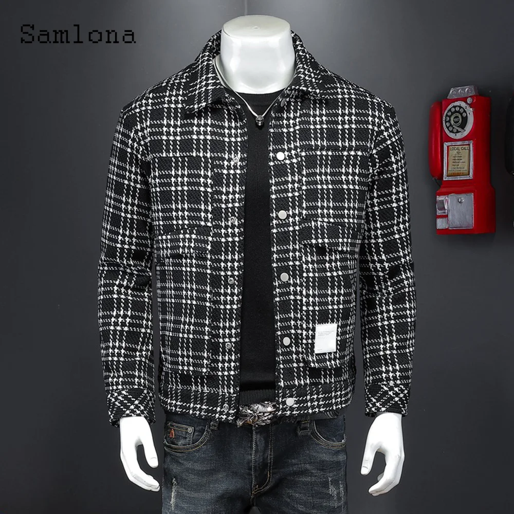 Samlona Plus Size Men Cotton Jackets Winter Fleece Coats harajuku Fashion Plaid Denim Jacket 2023 Single Breasted Tops Outerwear