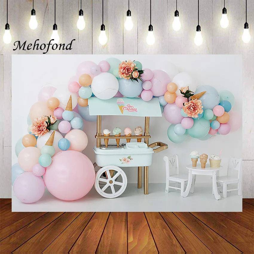 

Mehefond Photography Background Ice Cream Cart Pink Balloons Baby Girls Birthday Cake Smash Portrait Decor Backdrop Photo Studio