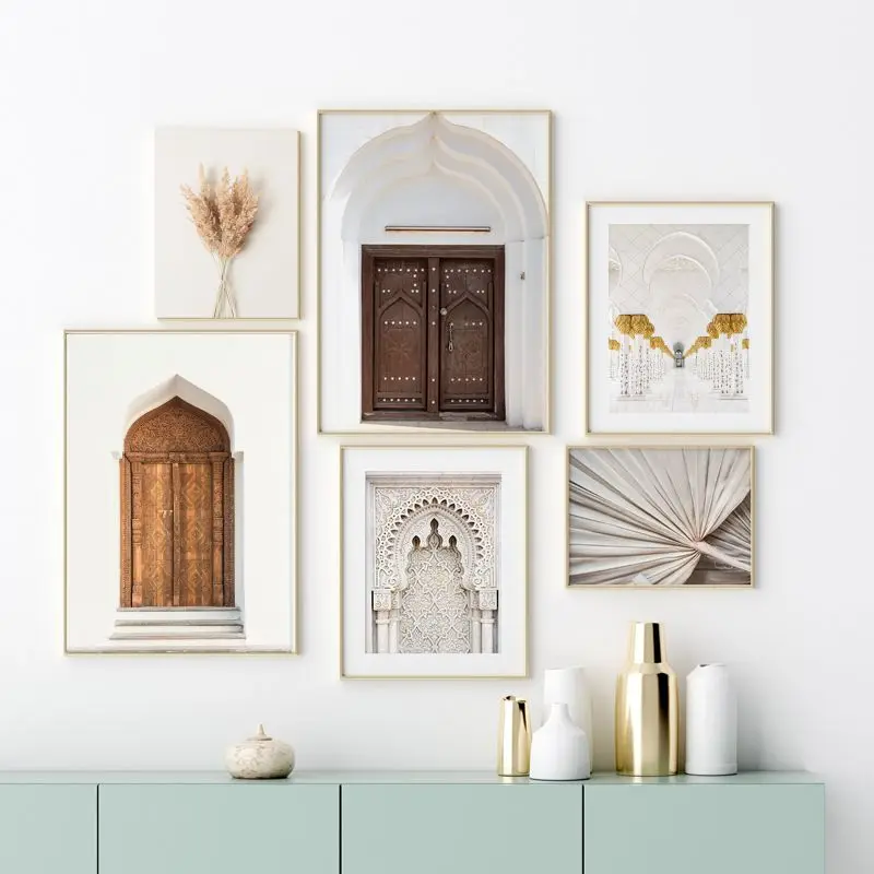 

Изображение на холсте марракейской мечети, современный мусульманский постер в стиле архитектуры Марокко, нейтральные тростники, пампасная...