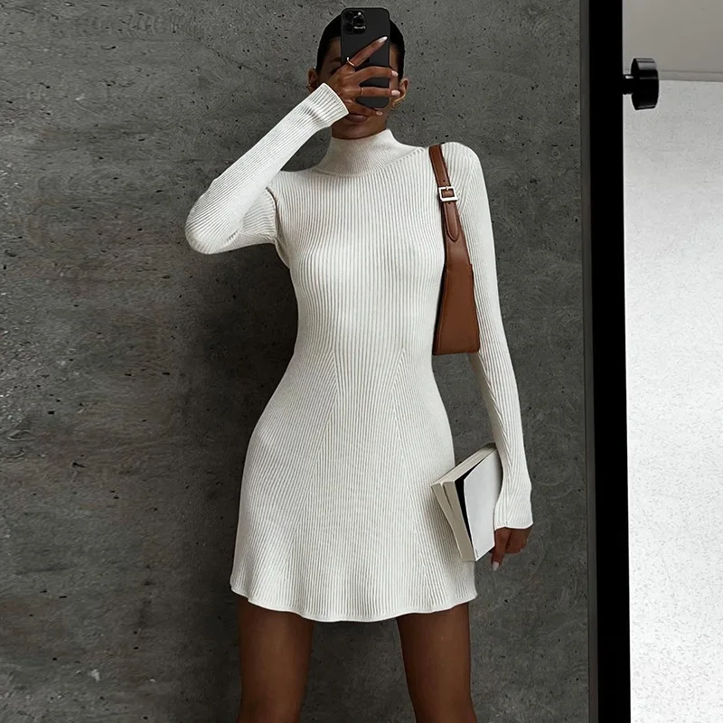 

Basic Autumn Winter A-Line Thick Black Sweater Dress Knitting Women's Clothing Women Elegant Knit Dresses Female Slim Mini Robe