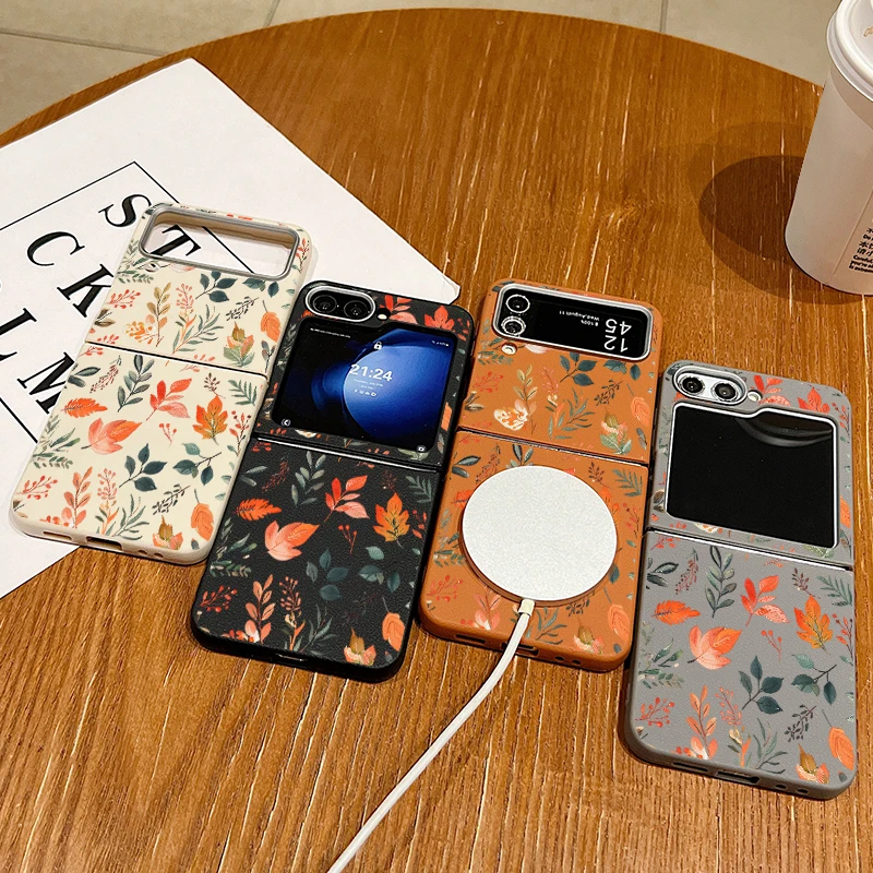 Чехол с оранжевыми кленовыми листьями и растениями для Samsung Galaxy Z Flip 6 5 4 3 мягкий