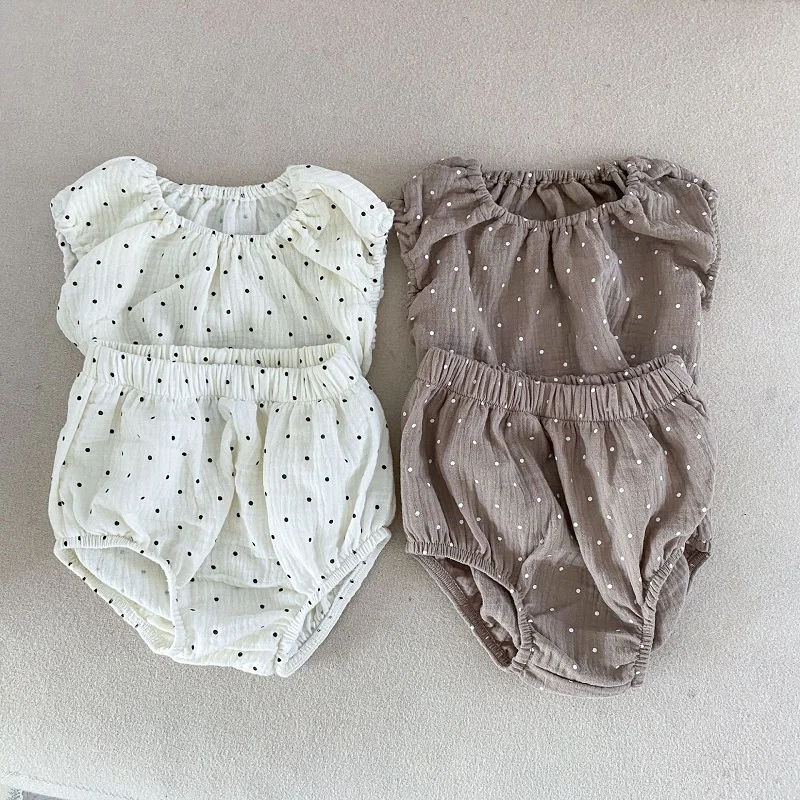 

Детская летняя одежда для мальчиков и девочек 0-2 лет, жилет без рукавов в горошек, простой детский костюм из двух предметов