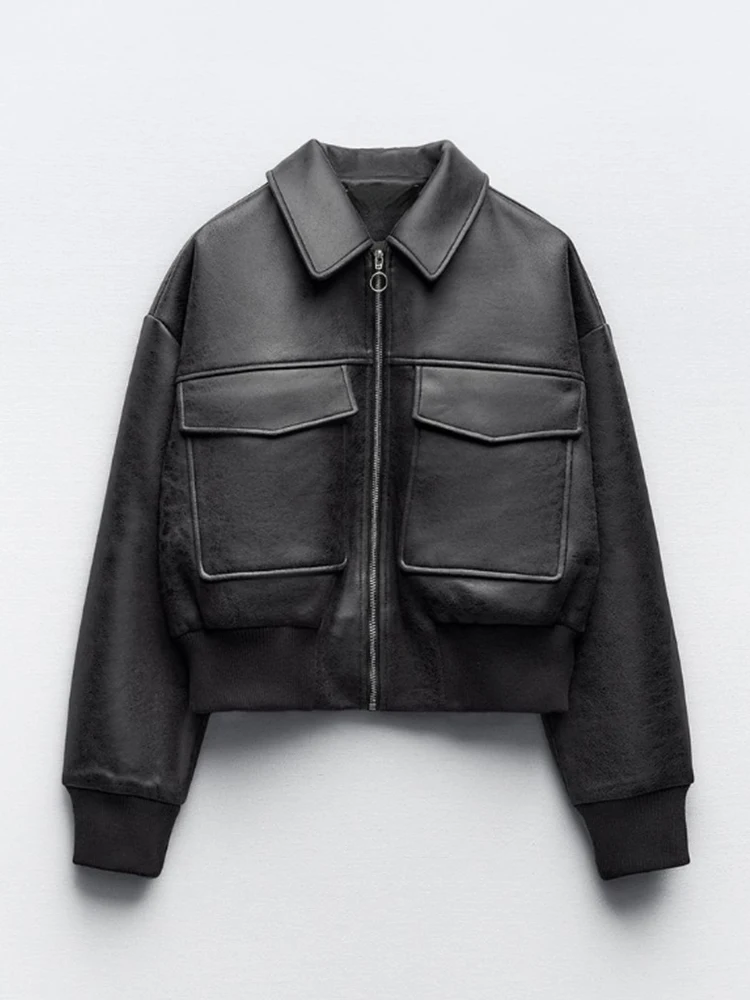 

FTLZZ Новинка весна осень женская уличная короткая куртка из искусственной кожи женская уличная куртка с отложным воротником на молнии байкерская куртка из искусственной кожи