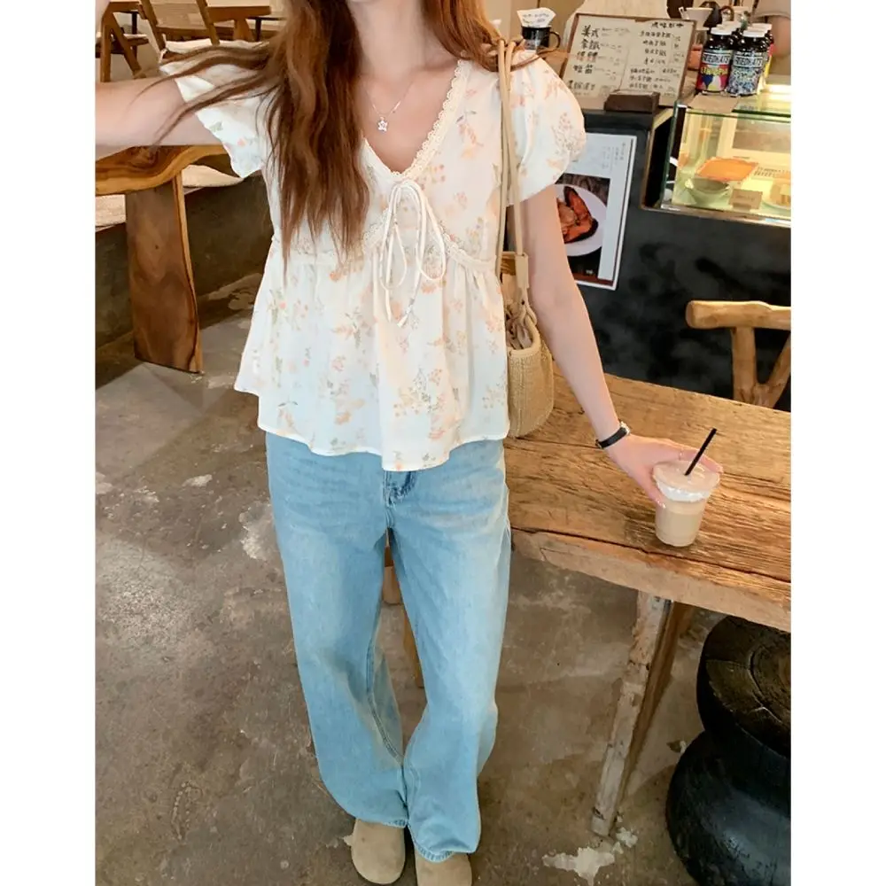 Льняная кружевная рубашка с цветочным принтом