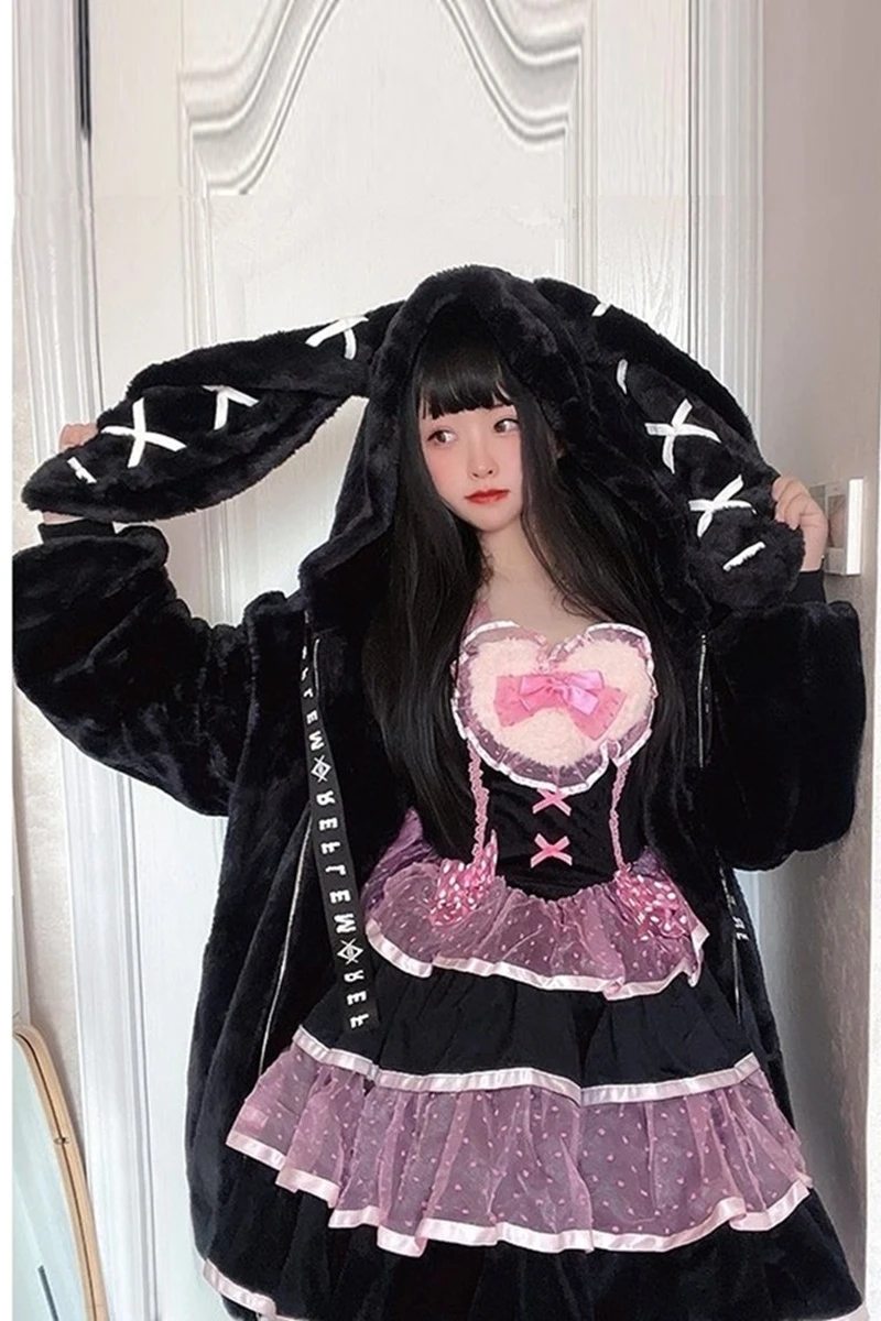 Japanese Cute Plush Coats Winter New Girl Sweet Rabbit Ears Thickened Warm Furry Cotton-Padded Coat Female Sweet Pink Fur Jacket