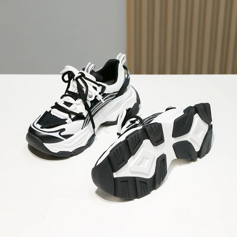 SOMILISS Women Platform Sneakers Genuine Leather Mesh Patchwork Chunky Sneakers Comfortable Ladies Fashion Casual Shoes