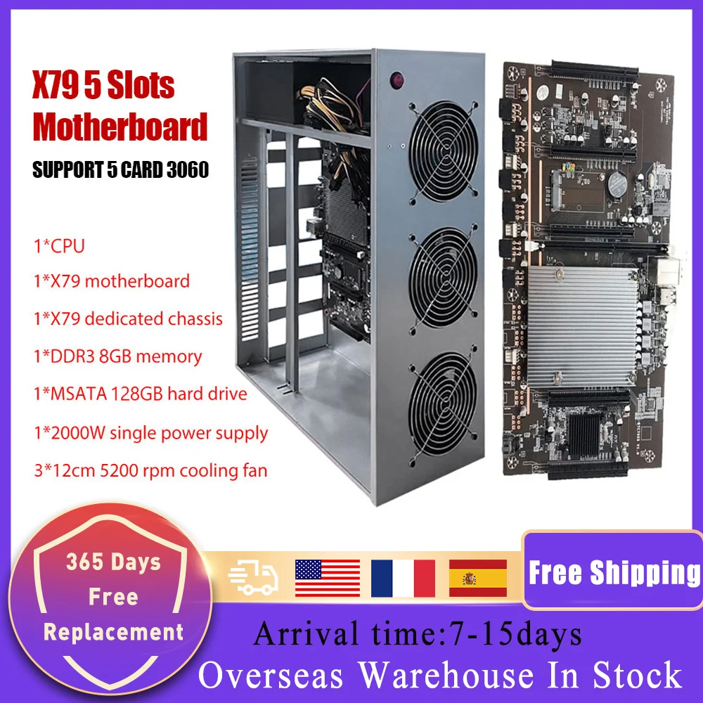 

A SET X79 Chassis Miner Mining Motherboard 5 PCI-E 3.0 Graphics Card Slot With 8GB ddr3 128GB MSATA 2000w PSU Support 3060 GPU