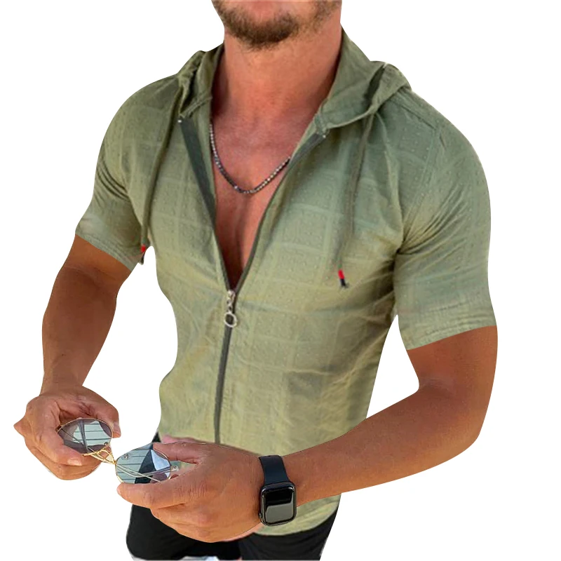

Fashion Short sleeved Hoodie Zipper shirt Men clothing Summer Solid color Casual Plaid print Open Stitch Thin shirt Mens