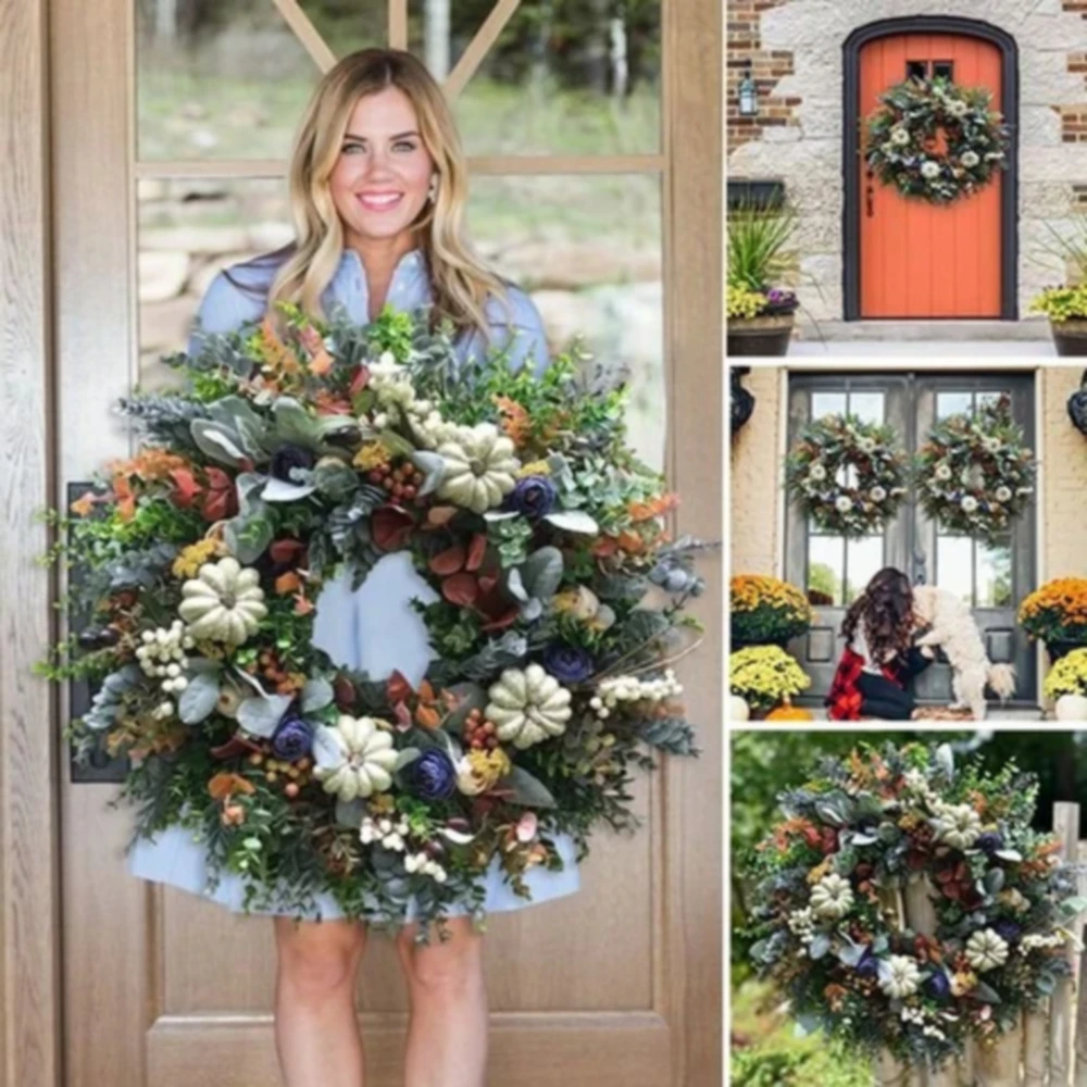 

Autumn Decoration Wreath White Pumpkin Hanging Door Ornament Thanksgiving Festival Halloween Christmas Decoration Fall Decor