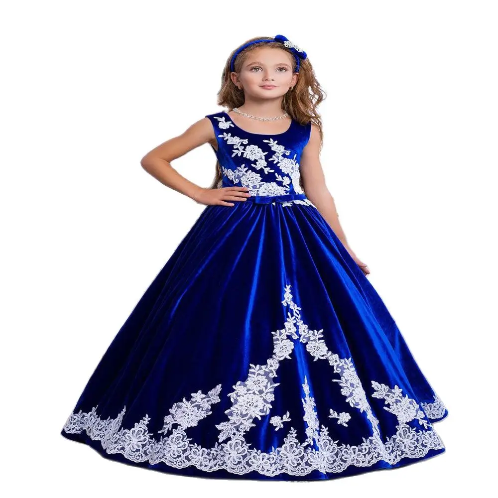 

Mother Daughter Velvet Dresses 2021 Lace Appliques Royal Blue Formal Event Dress Lace Up Back Beautiful Flower Girl Gowns