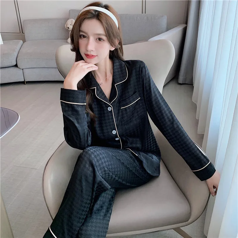 CAIYIER New 2022 Sexy Red Grid Print Luxury Nightwear Silk Satin Pajamas Set For Women Loose Nightgowns Female Large Size M-5XL