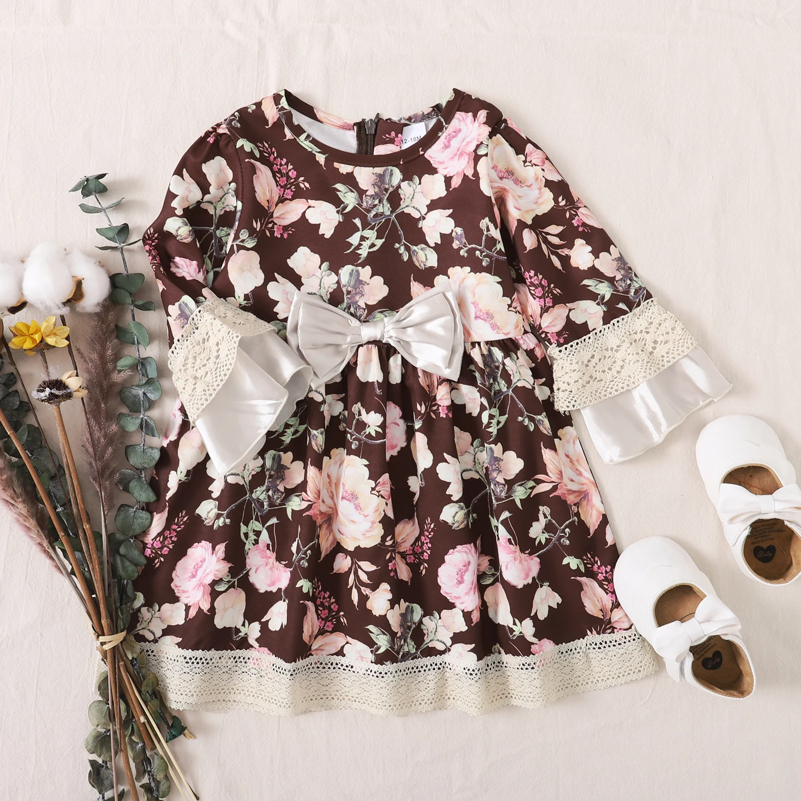 

Hibobi Design Toddler Girl Floral Pattern Long Sleeve Bow Dress Baby Girls Princess Dress Customes