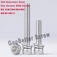 1251020 pcs 304 stainless steel m2 5 m12 hex socket cap head sem screw flat washer spring gasket assemble bolt