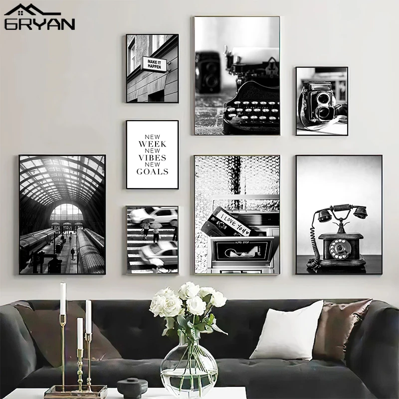 Черно-белая ретро-кассета пленка камера машинка для письма железнодорожная