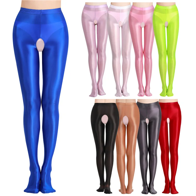 

Satin Glossy Japanese Sexy Open Crotch Pants Oil Shiny Opaque Pantyhose Wet Look Tights Silky Stockings Slim High Waist Leggings