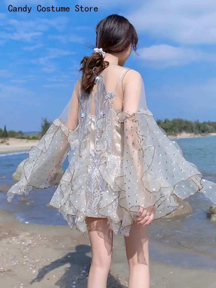 Beach Jumpsuit Spring New Organza Embroidered Super Fairy Holiday Women Fashion Flare Sleeve Ruffles Wide Leg Rompers Bodysuit