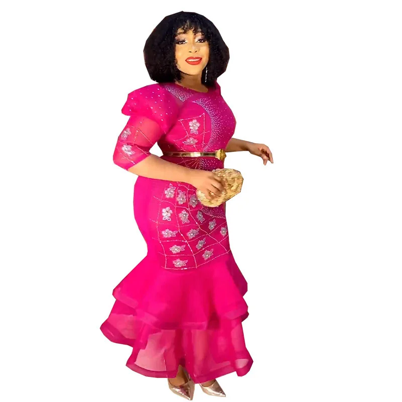 

African Dresses for Women Spring Summer Africa Women 3/4 Sleeve Polyester Solid Color Long Dress Dashiki African Clothes No Belt