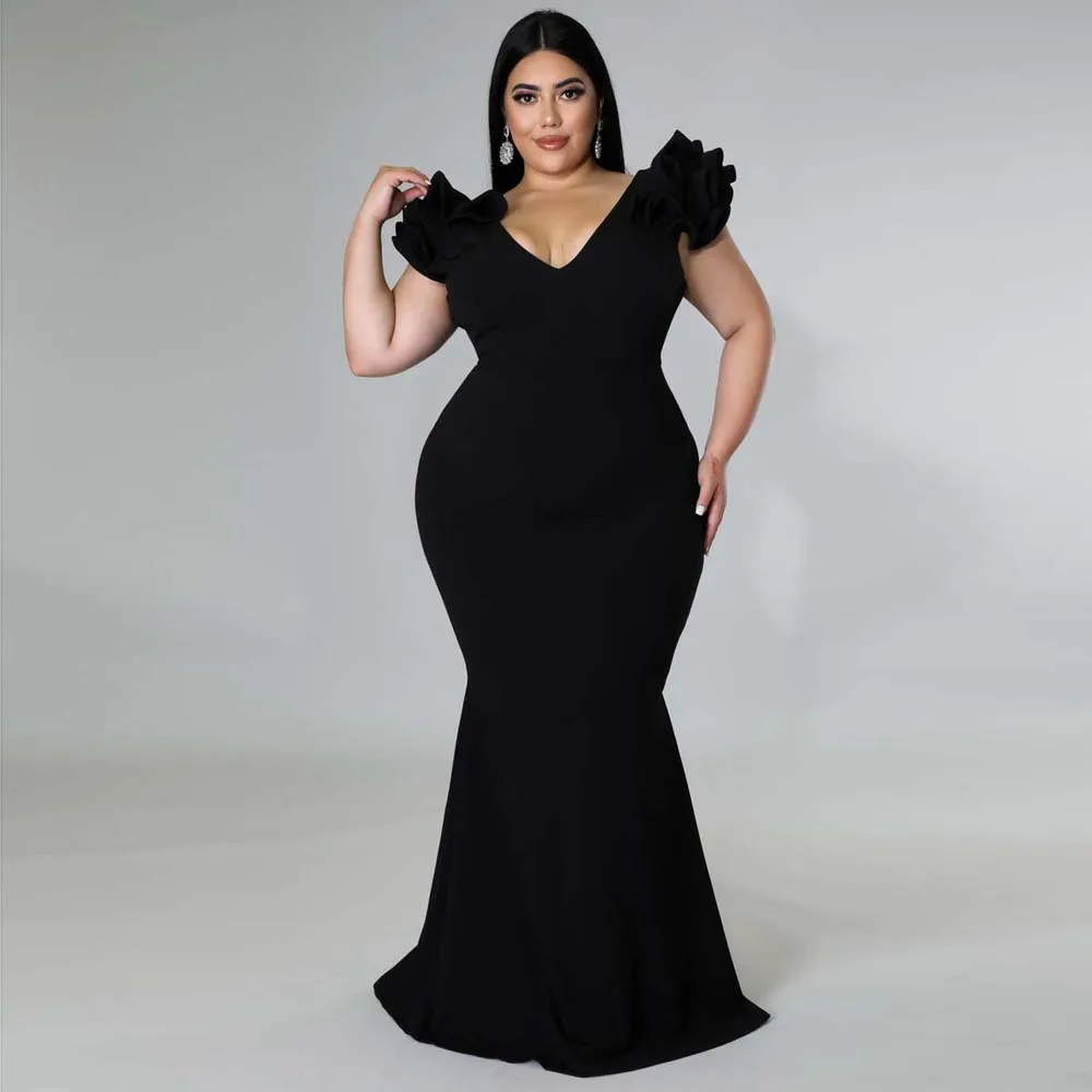 

Plus Size Dresses Sexy V-Neck Women Ruffles Black Red Elegant Evening Robes Mermaid Bodycon Party Maxi Dresses New 2022 Summer