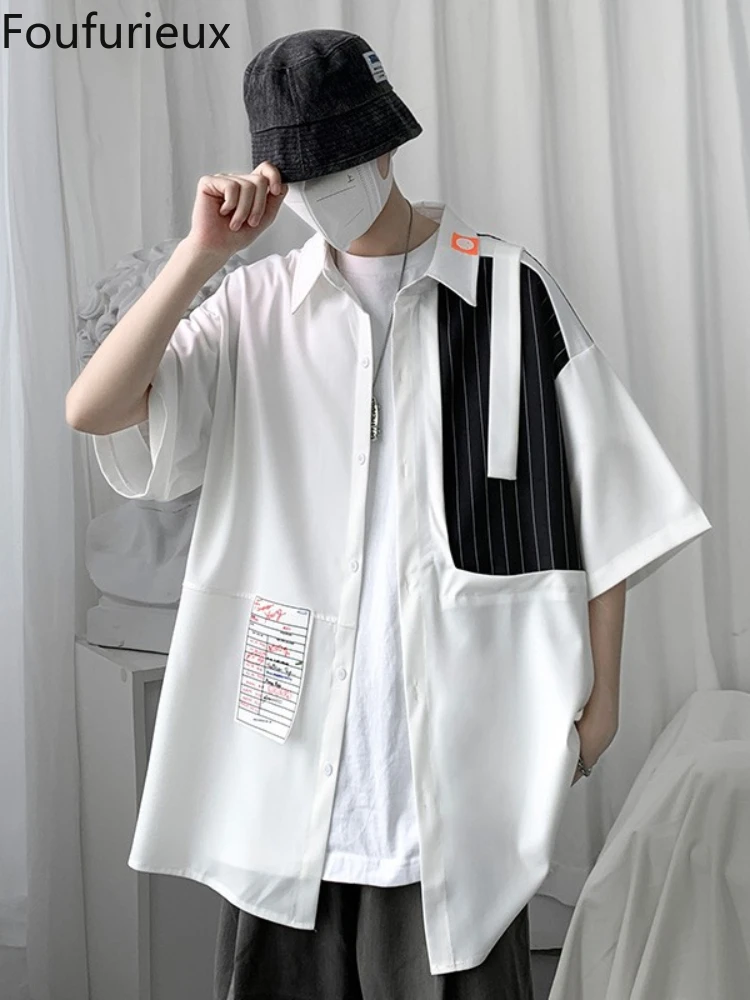 

Foufurieux Oversized Spring Casual Half Sleeves Shirts Men Clothing 2022 Simple Stripes Spliced Loose Blouses Camisas De Hombre