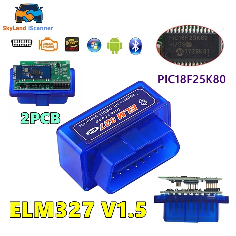 Диагностические Приборы OBDII ELM327 V1.5 BT PIC18F25K80, двойная печатная плата, сканер OBD Super ELM 327 1,5 OBD2, Android Window, лучшее качество Диагностические Приборы OBDII ELM327 V1.5 BT PIC18F25K80, двойная печатная плата, сканер OBD Super ELM 327 1,5 OBD2, Android Window, лучшее качество