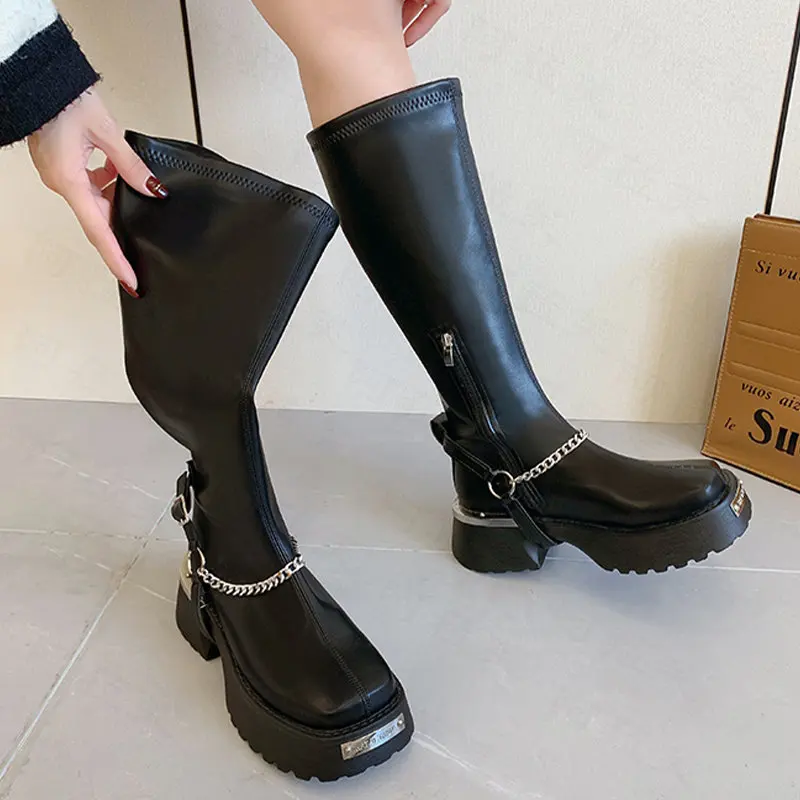

Женские высокие сапоги Челси на платформе и высоком каблуке с цепочкой, зимние черные повседневные готические теплые сапоги, мотоциклетные...