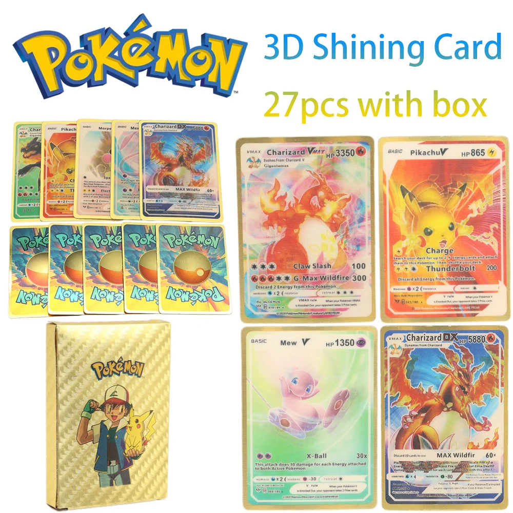 

27Pcs Pokemon Cards English Spain 3D Shining Rainbow Cards Gold Silver Black Vmax Gx Pikachu Charizard Trading Game Battle Card