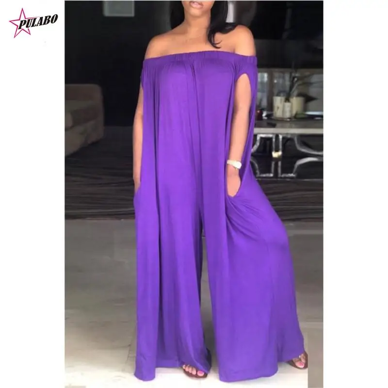 

Summer Black/Blue/White/Gray Casual Ladies Loosed Jumpsuits 3XL XXXL Sexy Off Shoulder Slash Neck Jumpsuits