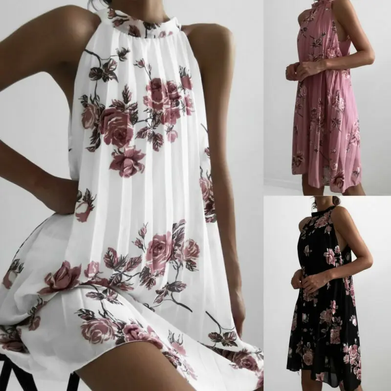 

Women Summer Printed Folded Sleeveless Halterneck Dress Beach Casual Loose Mini Beach Dress