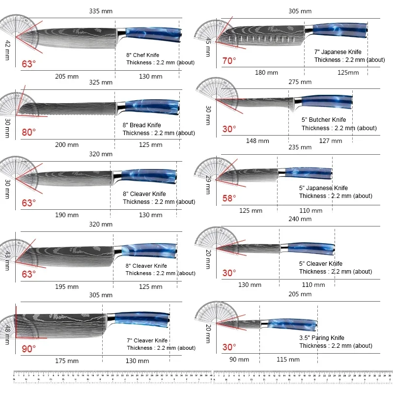 Kitchen Knives Set Blue Resin Handle Laser Damascus Blade Chef Fish Meat Cleaver Slicing Japanese Knife Sets