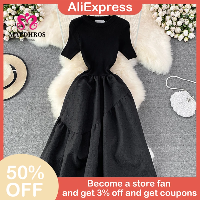 

Elegant Spring and Summer Dress Simple Knitted Stitching Design Black Dress for Women Female O-neck High-end Fashion Dress 2022
