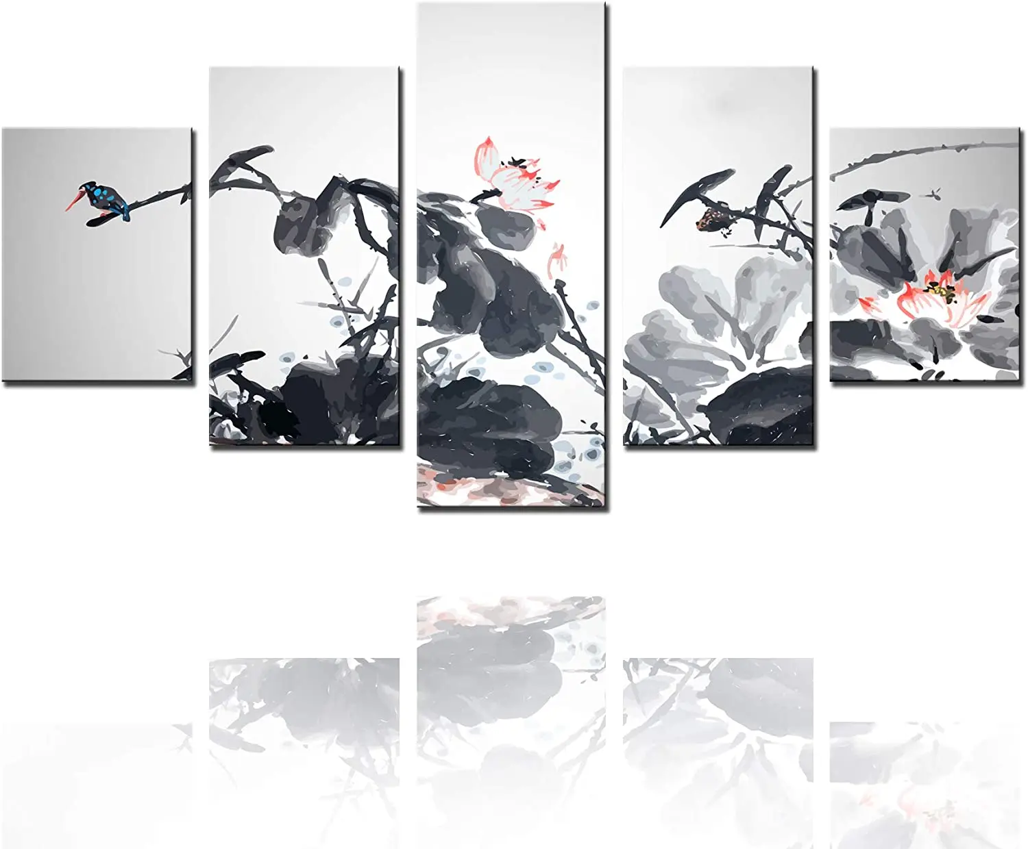

5Pcs Family Black White Lotus Landscape Paintings Chinese Style Art Pictures Poster HD Print No Framed 5 Panel Room Decor Canvas