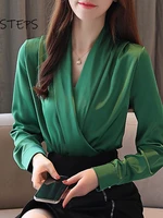 deep v neck satin blouses women chiffon shirts solid elegant female office lady tops white red ladies clothes long sleeve 2022