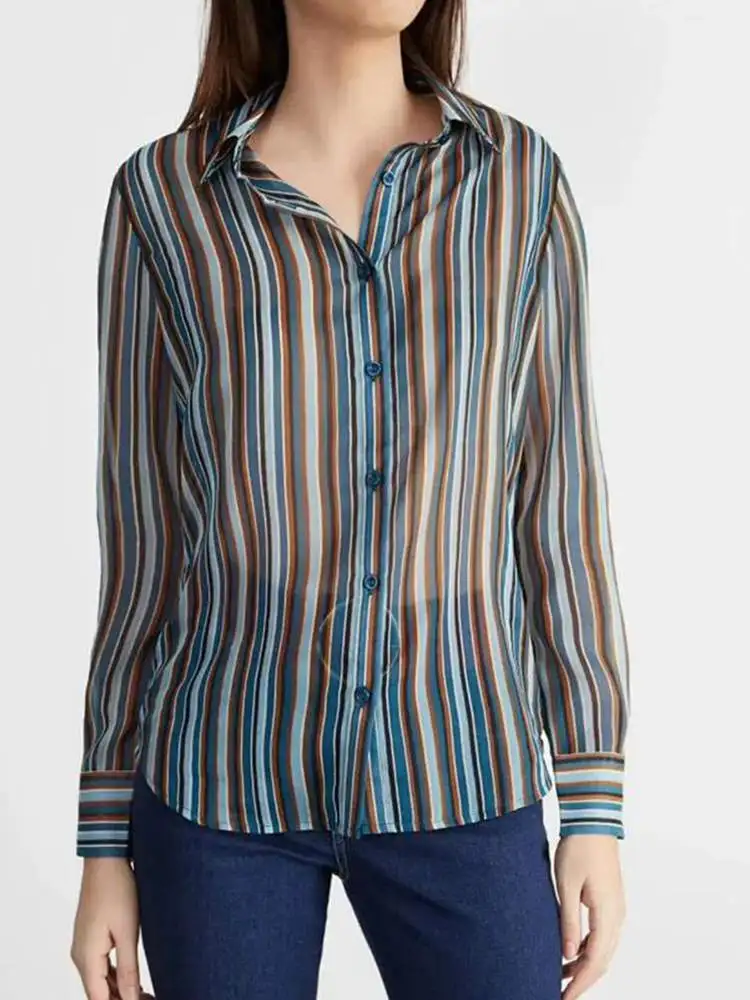 

Spring and Summer New Tailored Striped Long-sleeved Shirt Women Tops