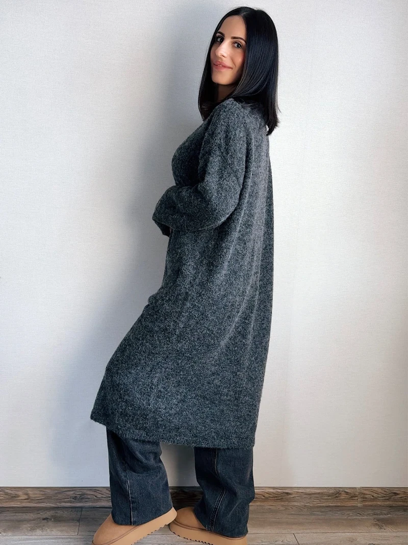 Женский длинный кардиган с V-образным вырезом и длинными рукавами