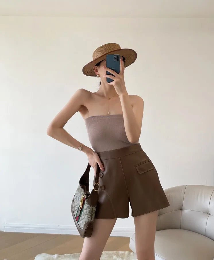 2022 Autumn New Sheepskin Luxury High Waist Leather Shorts G16