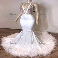 luxury white mermaid evening dress plus size deep v neck feather backless black girls prom dresses 2022 halter formal gowns