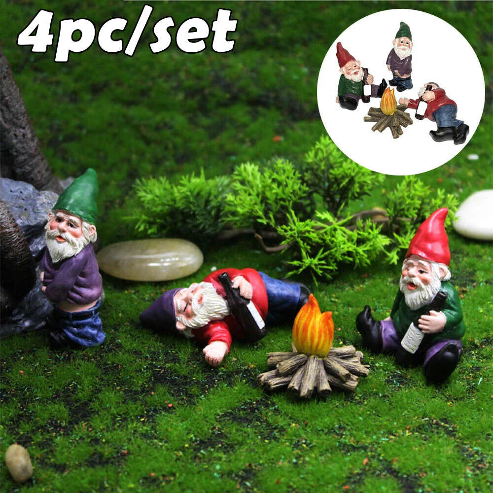 

4pcs Fairy Garden Resin Gnomes Accessories My Little Friend Drunk Gnome Dwarfs Statue Waterproof Rustproof Desk Garden Decor