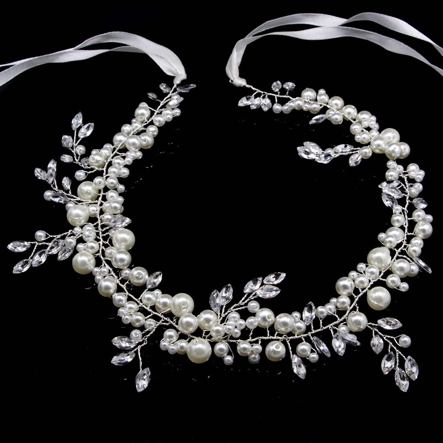 

2PCS New European Pearl Handmade Headdress Pearl Glass Headdress Wedding Hair Dress Forehead Hair Band Decoration