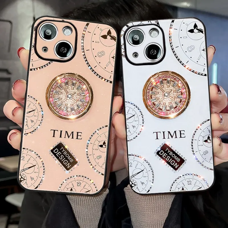 

Luxury Diamond Glitter Ring Bracket Phone Case For iPhone 14 13 12 11 Pro X XR XS MAX 7 8 Plus SE2020 Clock Cover