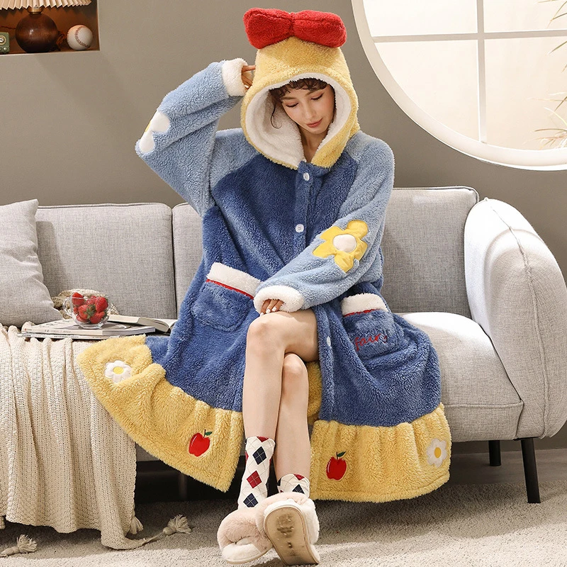 Winter Warm Pajamas Set Women Kawaii Sleepwear Fleece Nightgown Cartoon Cosplay Coral Fleece Hooded Thicken Night Dress Pyjamas