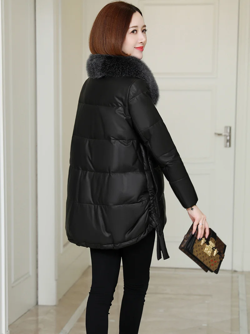 

2023Leather jacket,Sheepskin Women's Leather Jacket Fox Fur Collar Coats and Jackets Women 90% White Duck Down Female Jacket Cue