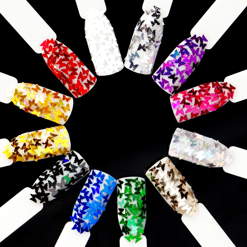 Лазерные блестки для ногтей в виде бабочки 12 цветов 5 мм