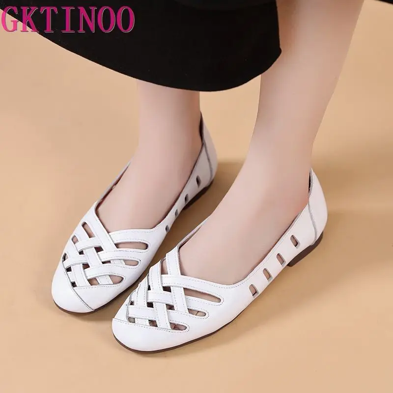 

GKTINOO 2023 Summer New Women's Genuine Leather Sandals Flat Soft Sole Comfortable Casual Sandals Large Size Women Sandal Shoes