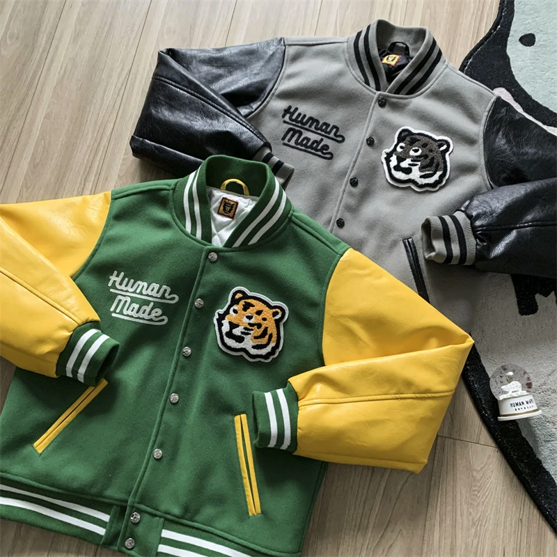 

Бейсбольные куртки Tiger из натуральной кожи для мужчин и женщин, куртка с вышивкой и кожаным рукавом, пальто в стиле Харадзюку, плотная повседневная куртка, верхняя одежда