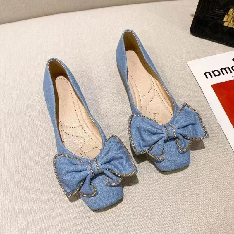 Loafers Blue Square Toe Bowknot Princess Single Shoes Spring and Summer Denim Shallow Mouth Sweet Personality Casual Flat Shoes