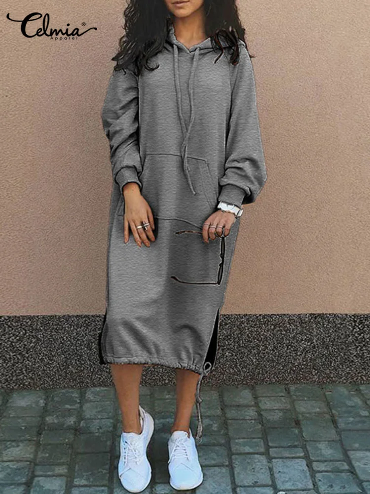 Купи Celmia 2022 Autumn Warm Hoodie Dress Solid Long Sleeve Women Pullover Sweatshirt Dress Drawstring Fashion Casual Hooded Vestidos за 947 рублей в магазине AliExpress