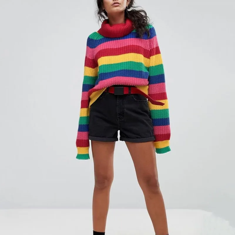 

ZATRHMBM осенние свитера для женщин Мода 2022 радужная полоса водолазка вязаный пуловер с длинными рукавами женский свитер шикарный топ