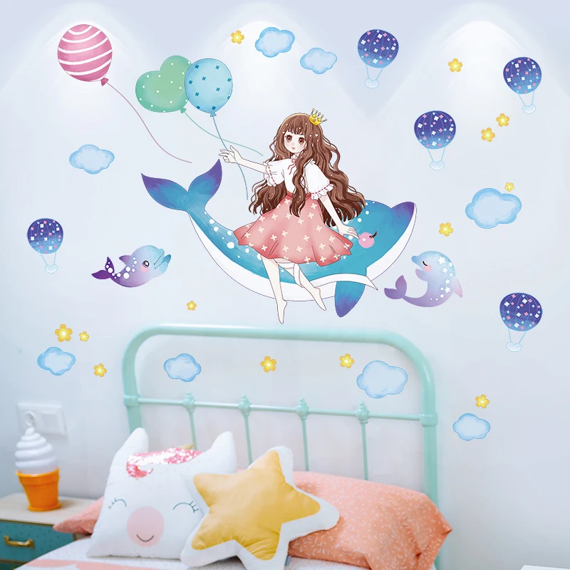 

Dolphins Animals Wall Stickers DIY Girl Clouds Balloons Wall Decals for Kids Rooms Baby Bedroom Kindergarten Home Decoration