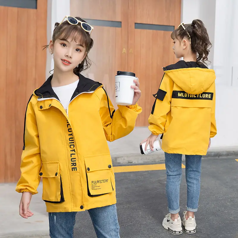 

Baby Girls Autumn Windbreaker Spring Jacket New Fashion In The Big Children's Fall Hooded Coats 13 To 14 Years Old Kids Clothes