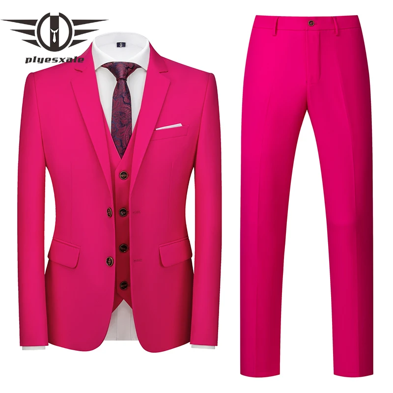 

Plyesxale Rose Red Men Suits For Wedding 3 Pieces High Quality 5XL 6XL Man Formal Suit Slim Fit Business Dinner Suits Male Q1019